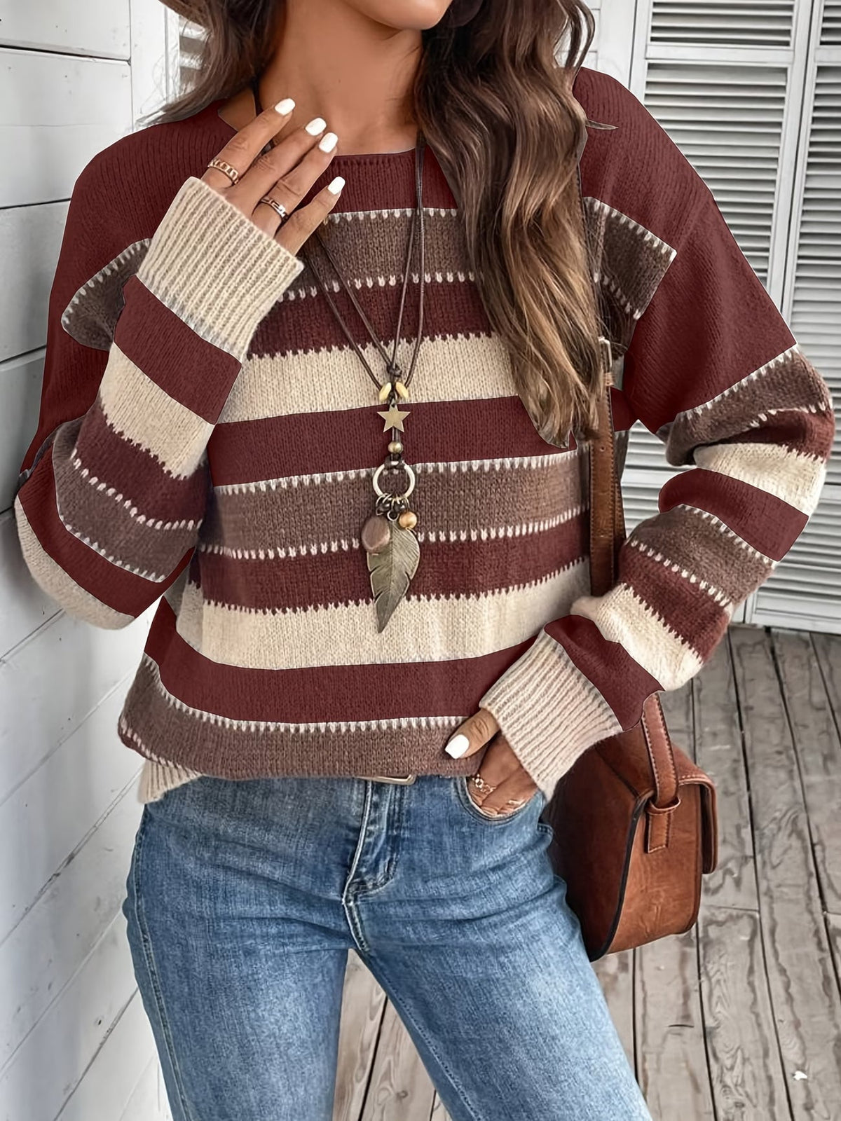 Jersey de mujer de punto a rayas, cuello redondo, clásico y atemporal