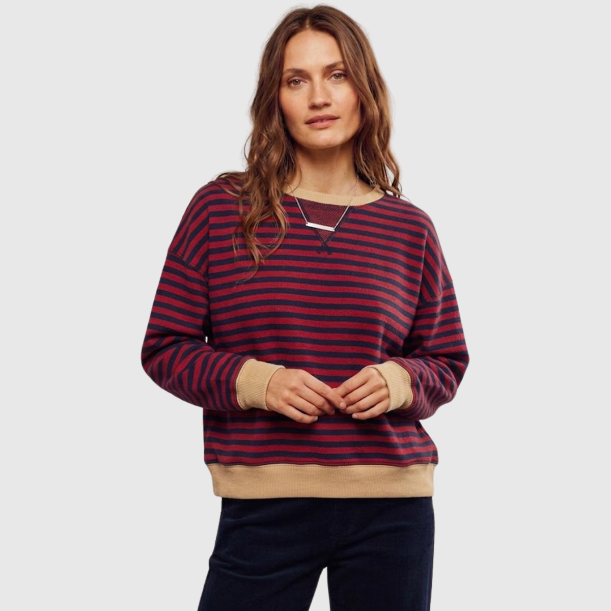 Sudadera oversize a rayas para mujer, cuello redondo, manga larga y corte holgado