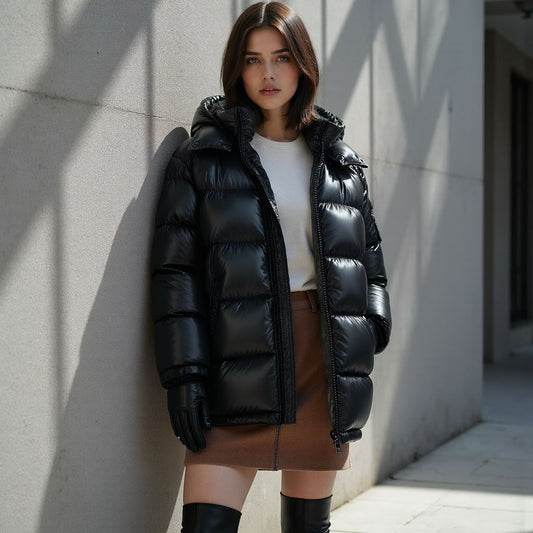Insulated women's winter puffer jacket with a comfortable fit and zip closure
