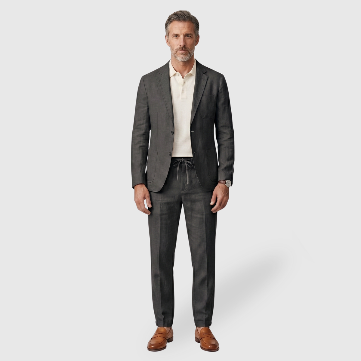 Costume homme lin mélange deux pièces blazer pantalon cordon