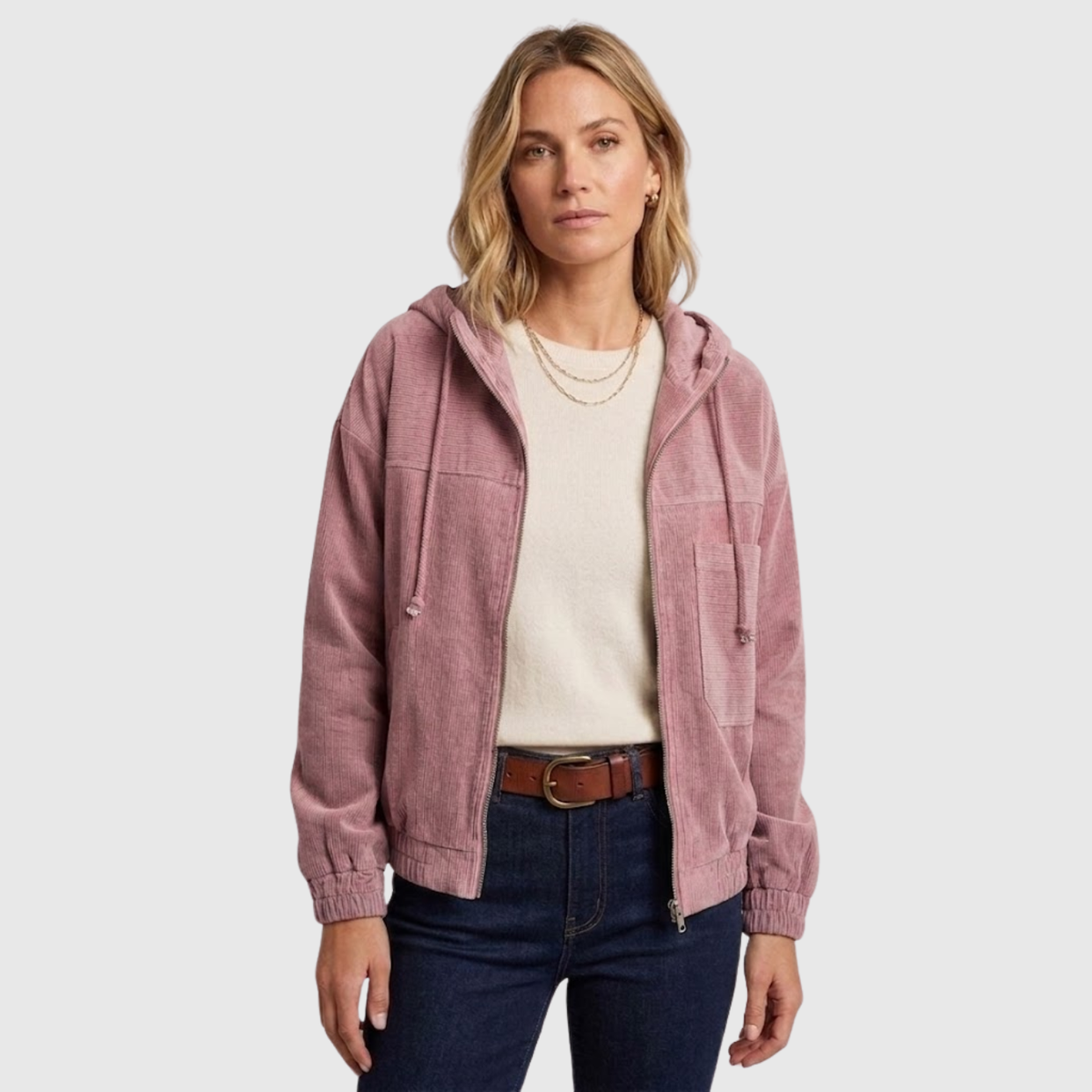 Veste velours côtelé femme zippée capuche manches longues coupe droite
