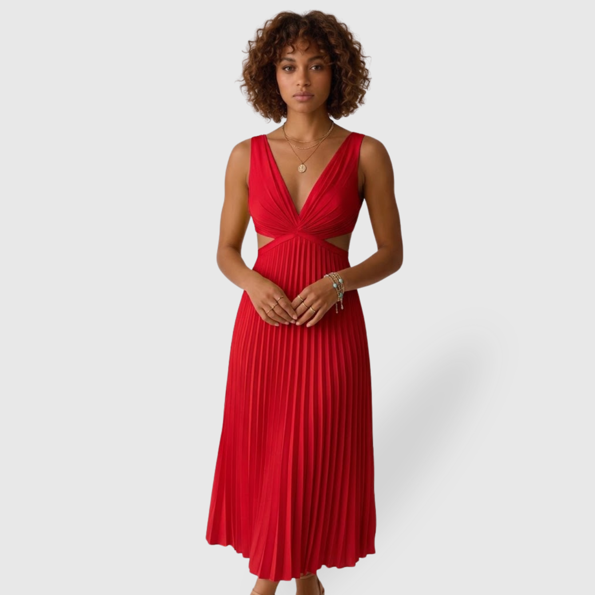 Robe longue plissée femme col V sans manches coupe fluide