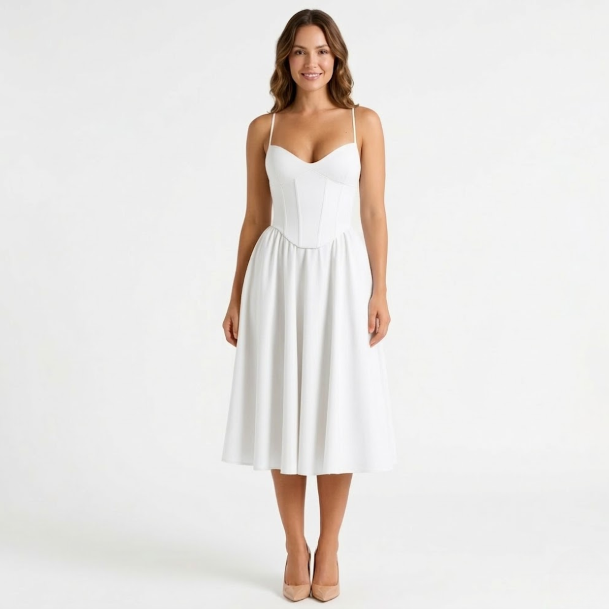 Robe midi bustier trapèze femme à bretelles fines structurée