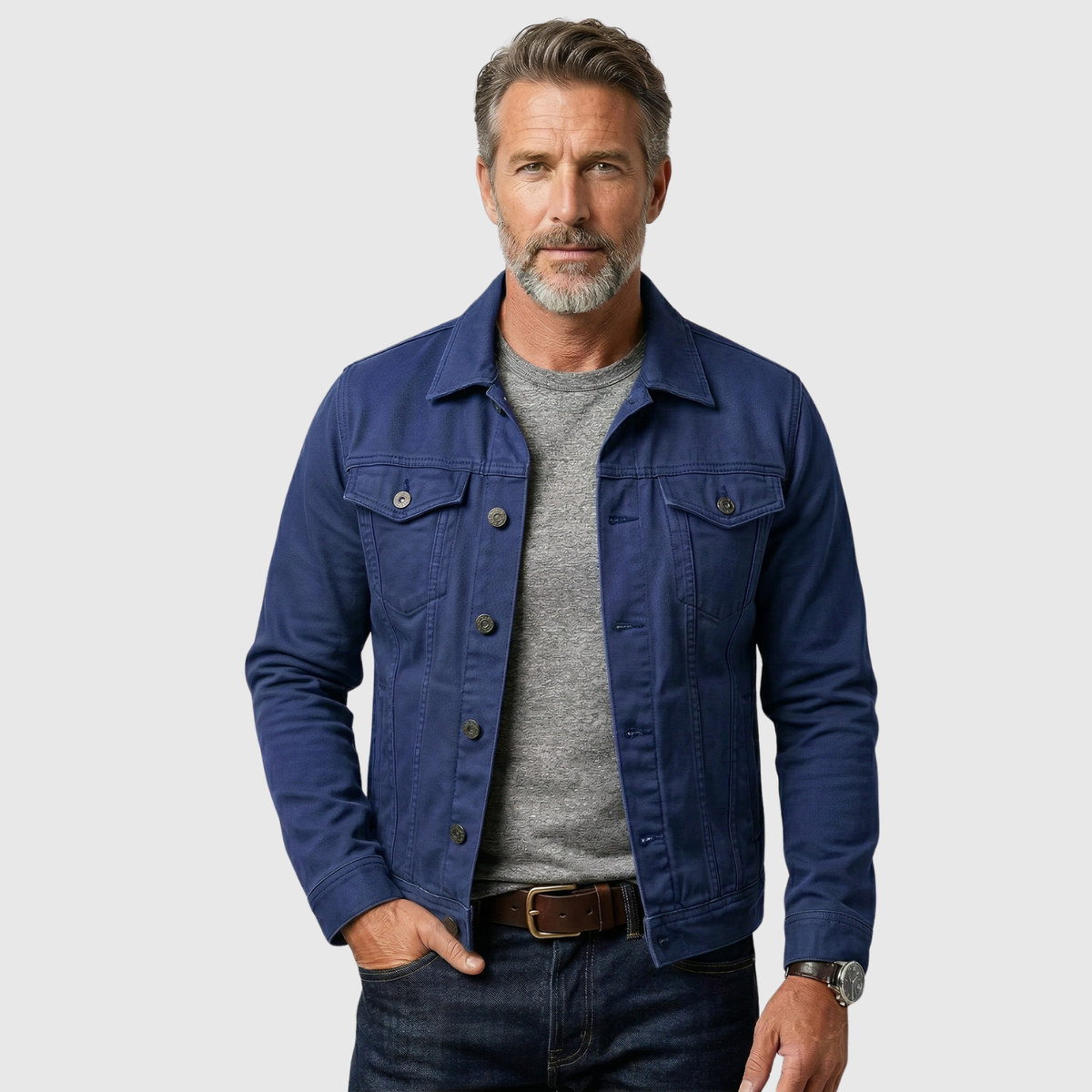 Veste en jean homme coupe classique boutonnée col chemise poches poitrine