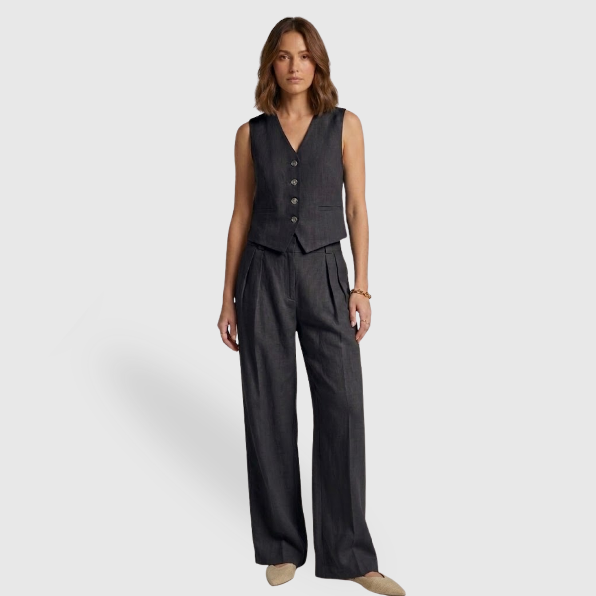Ensemble lin femme gilet sans manches pantalon large taille haute