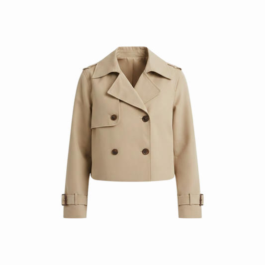 Women's short double-breasted trench coat with a lapel collar