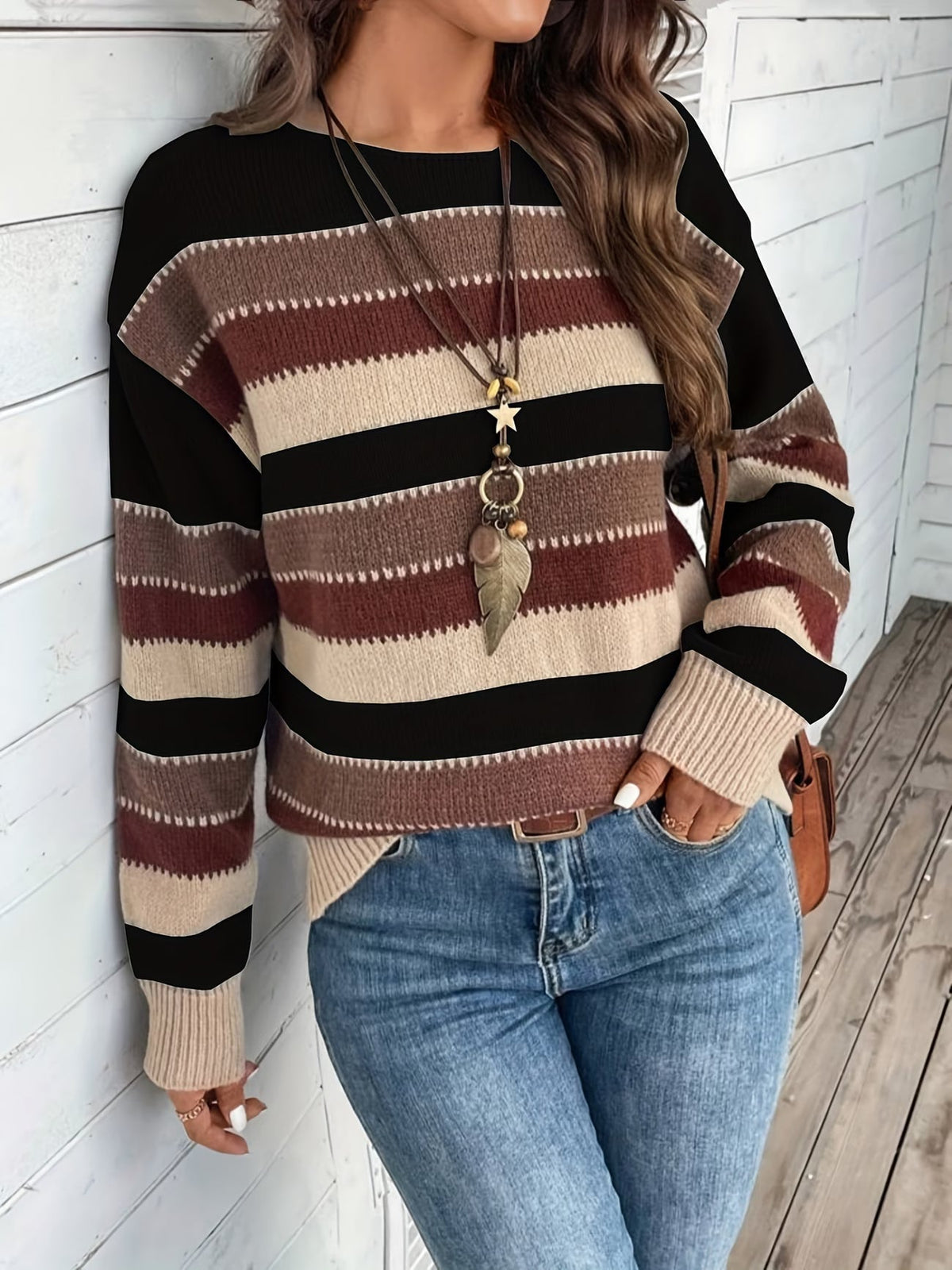Jersey de mujer de punto a rayas, cuello redondo, clásico y atemporal