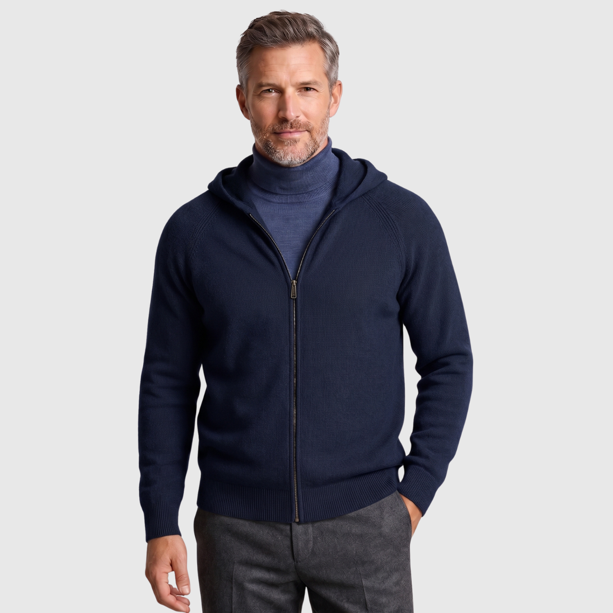 Gilet homme laine mérinos à capuche maille épaisse fermeture zippée