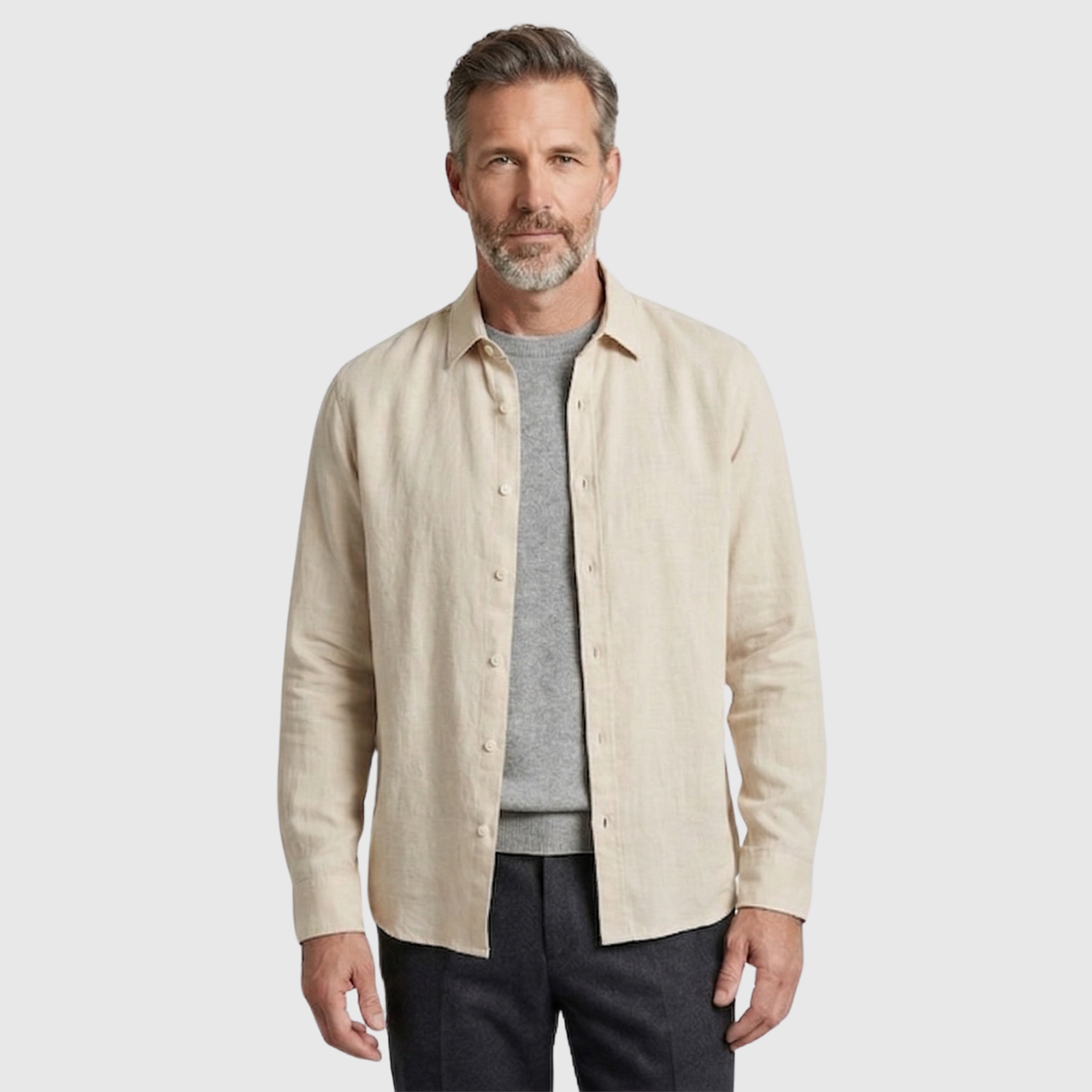 Chemise homme lin manches longues col mao fermeture boutonnée