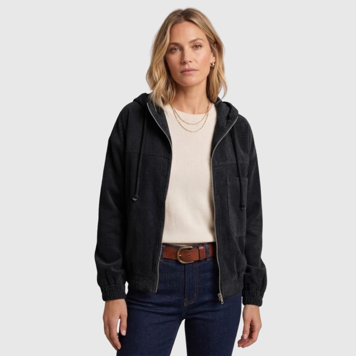 Veste velours côtelé femme zippée capuche manches longues coupe droite