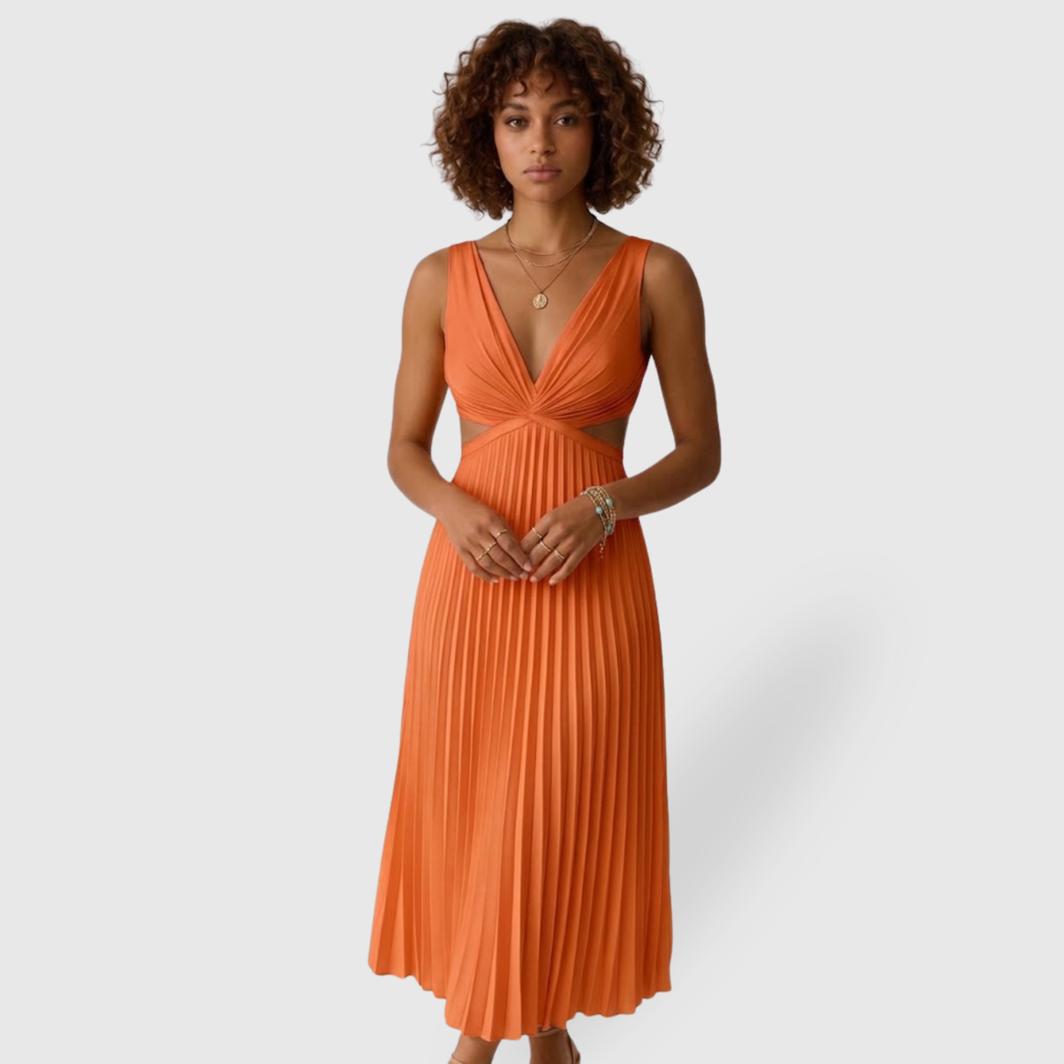 Robe longue plissée femme col V sans manches coupe fluide