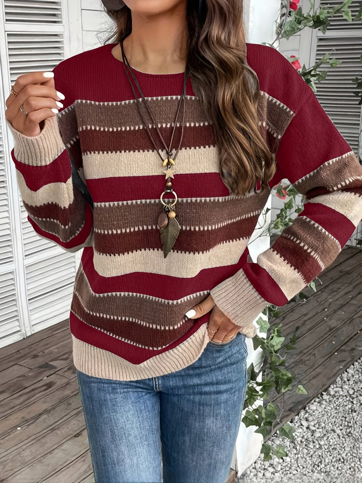 Jersey de mujer de punto a rayas, cuello redondo, clásico y atemporal