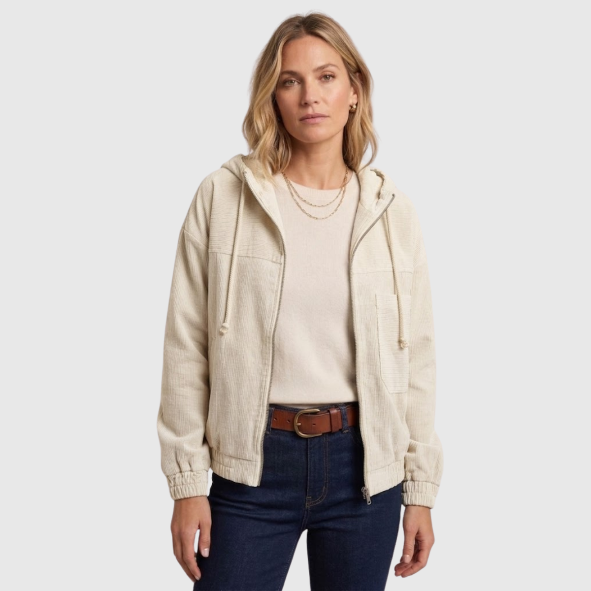 Veste velours côtelé femme zippée capuche manches longues coupe droite