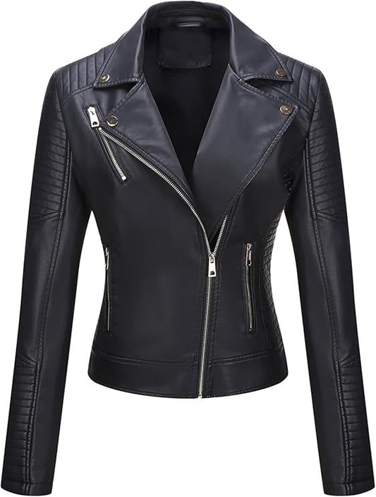 Giacca da donna in vera pelle, modello biker strutturato