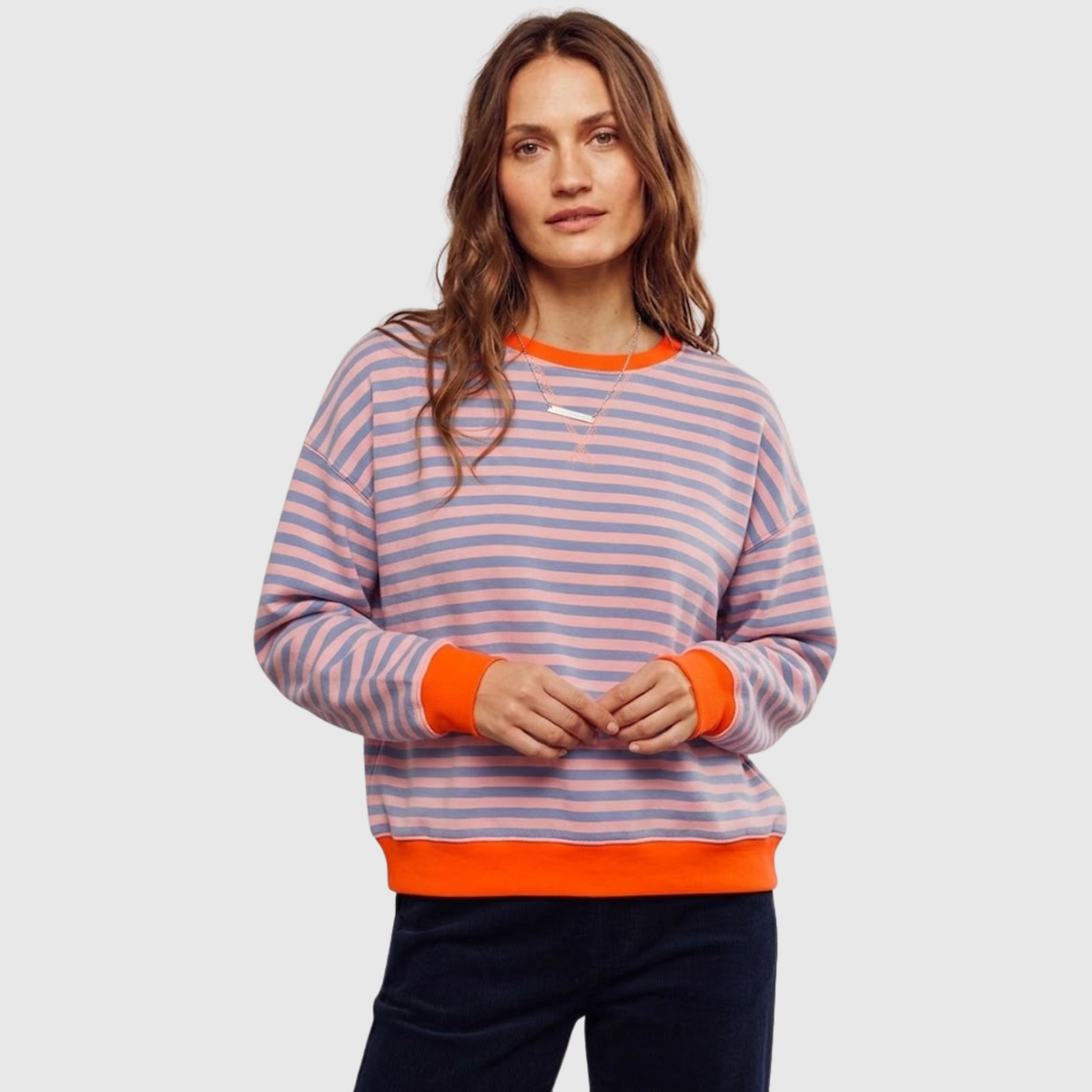 Sudadera oversize a rayas para mujer, cuello redondo, manga larga y corte holgado