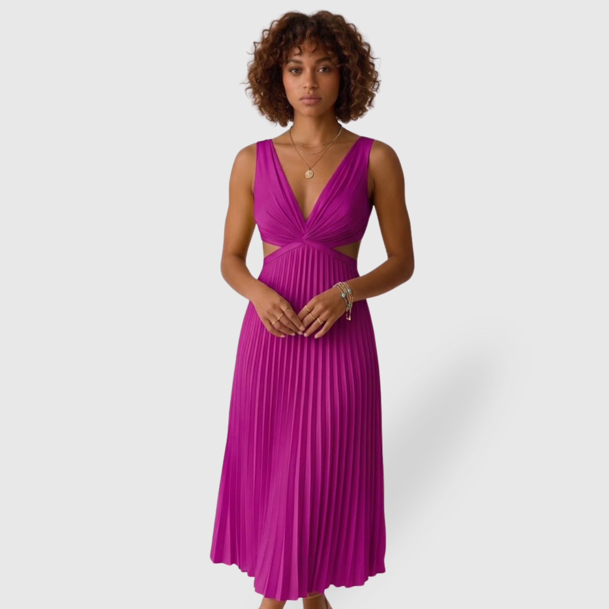 Robe longue plissée femme col V sans manches coupe fluide