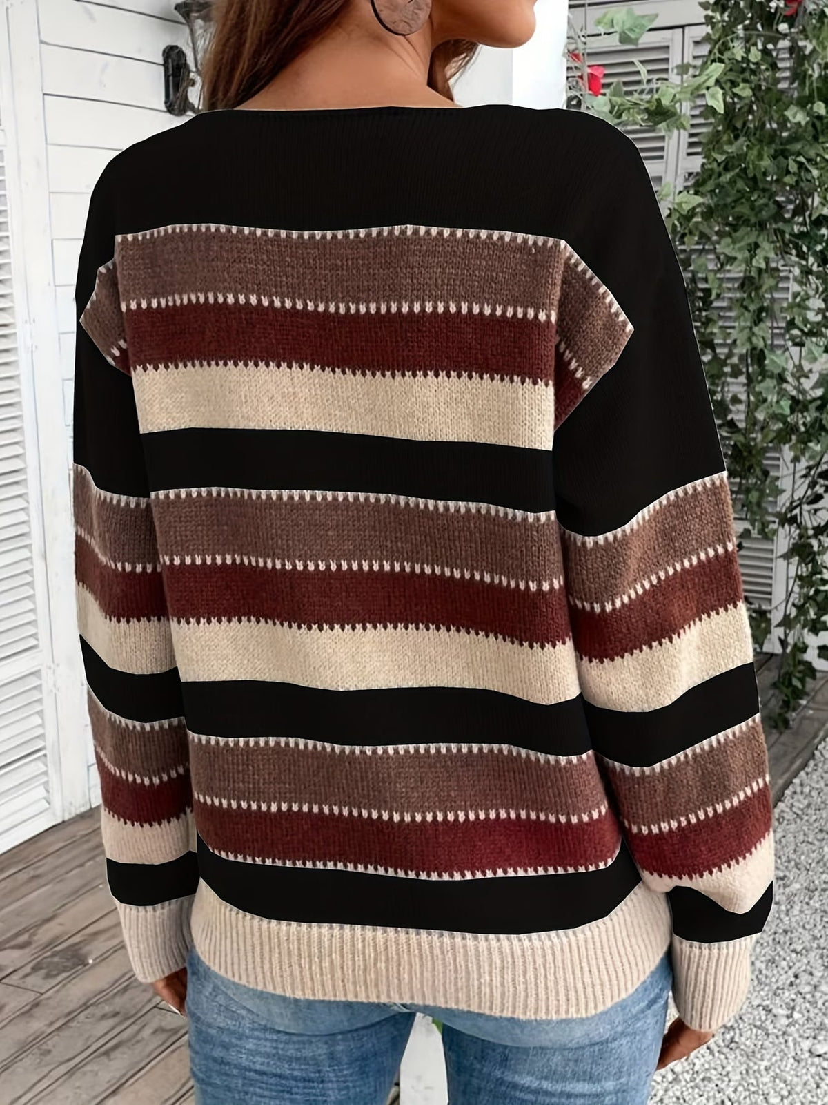 Jersey de mujer de punto a rayas, cuello redondo, clásico y atemporal