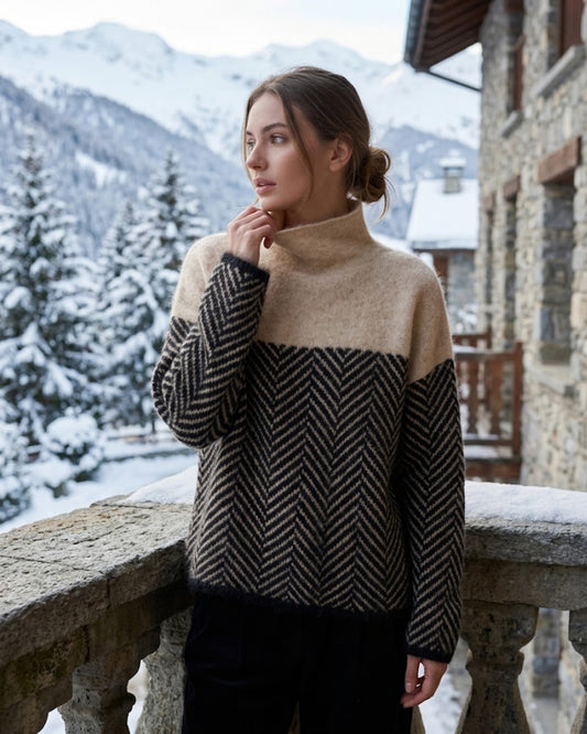 Maglione da donna in cashmere a collo alto, motivo a spina di pesce, vestibilità ampia e calda