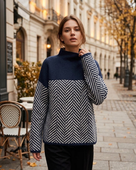 Maglione da donna in cashmere a collo alto, motivo a spina di pesce, vestibilità ampia e calda