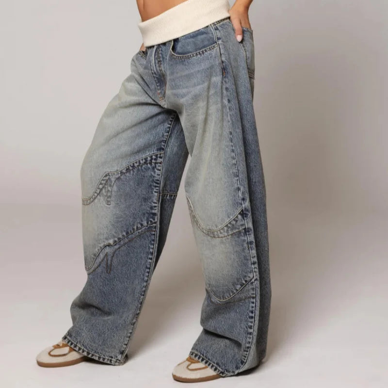 Baggy women’s jeans with statement seams, elastic waist, and comfortable fit