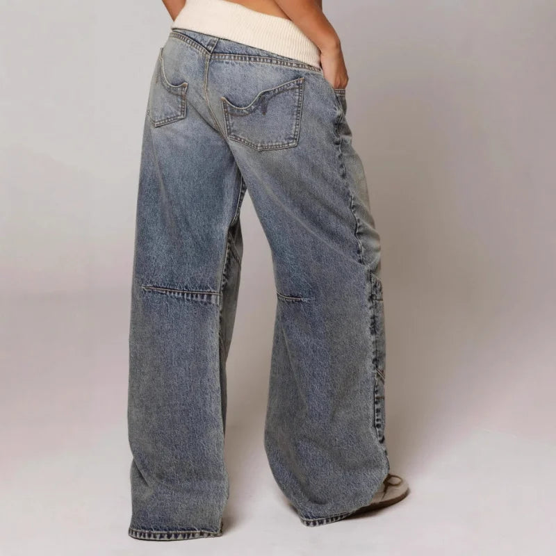 Baggy women’s jeans with statement seams, elastic waist, and comfortable fit