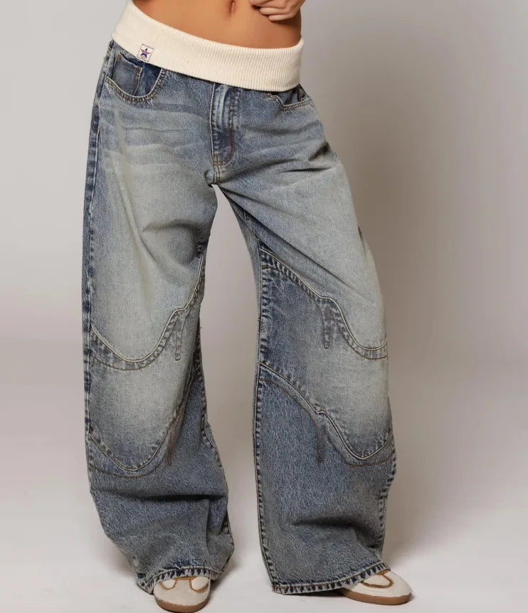 Baggy women’s jeans with statement seams, elastic waist, and comfortable fit