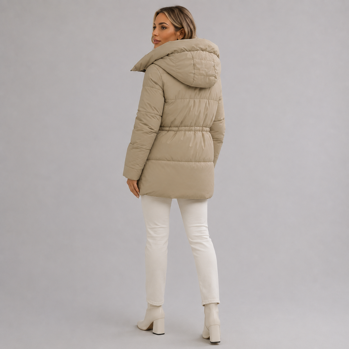 Women's mid-length parka, hood, zip closure, timeless winter style