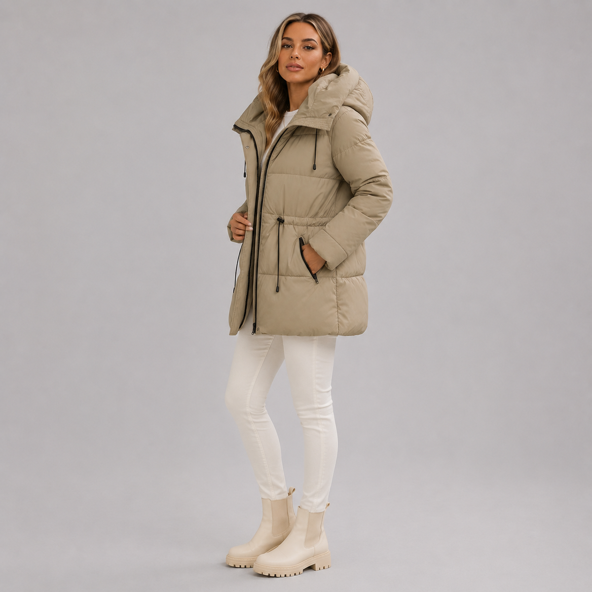 Women's mid-length parka, hood, zip closure, timeless winter style
