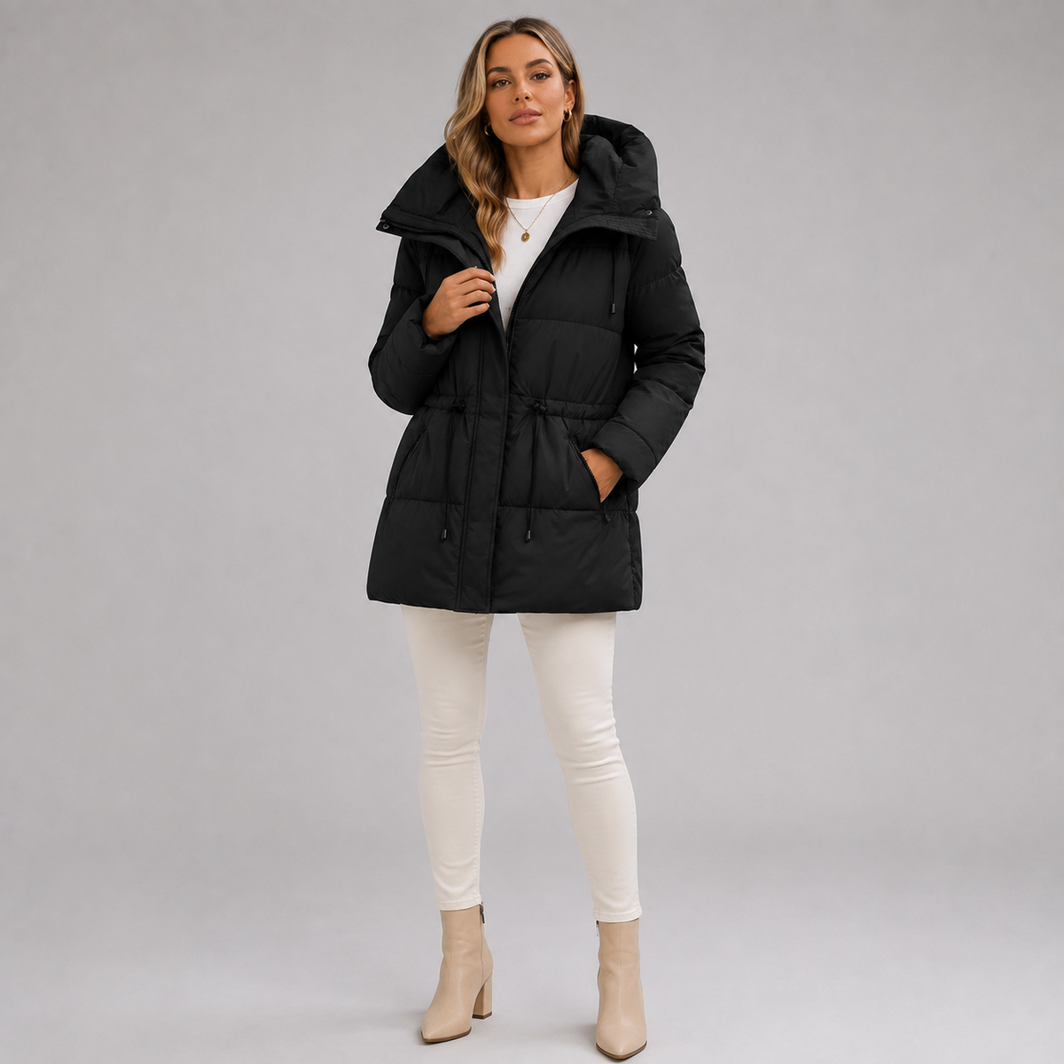 Women's mid-length parka, hood, zip closure, timeless winter style