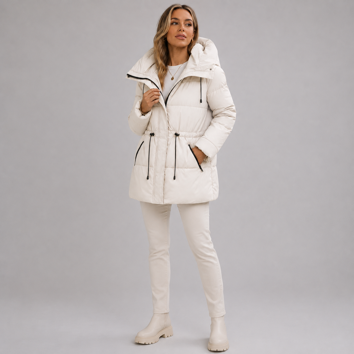 Women's mid-length parka, hood, zip closure, timeless winter style