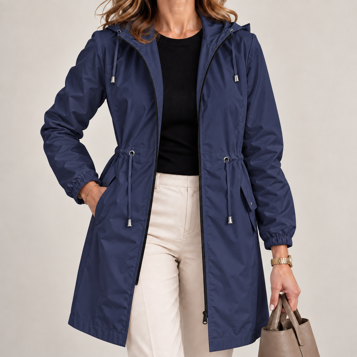 Parka leggera e impermeabile da donna con cappuccio regolabile, per la primavera