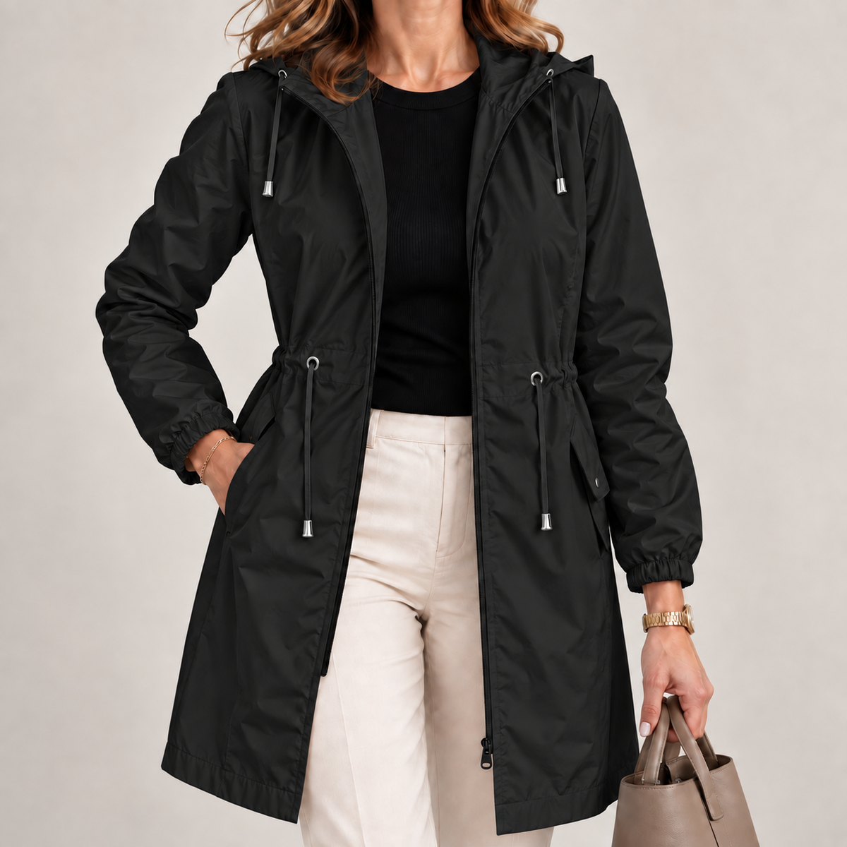 Parka leggera e impermeabile da donna con cappuccio regolabile, per la primavera