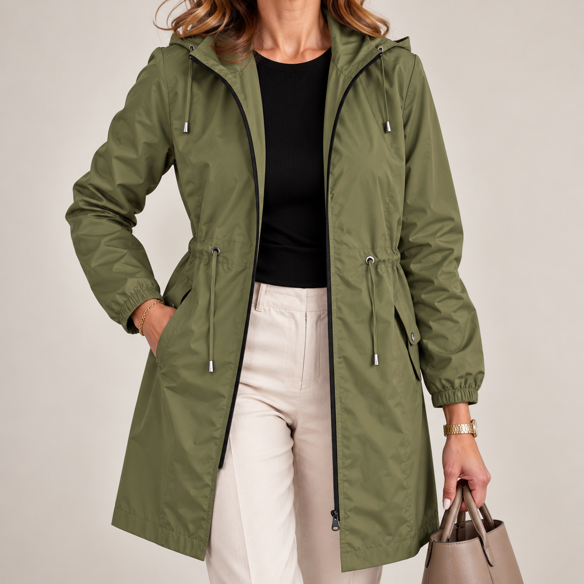 Parka leggera e impermeabile da donna con cappuccio regolabile, per la primavera