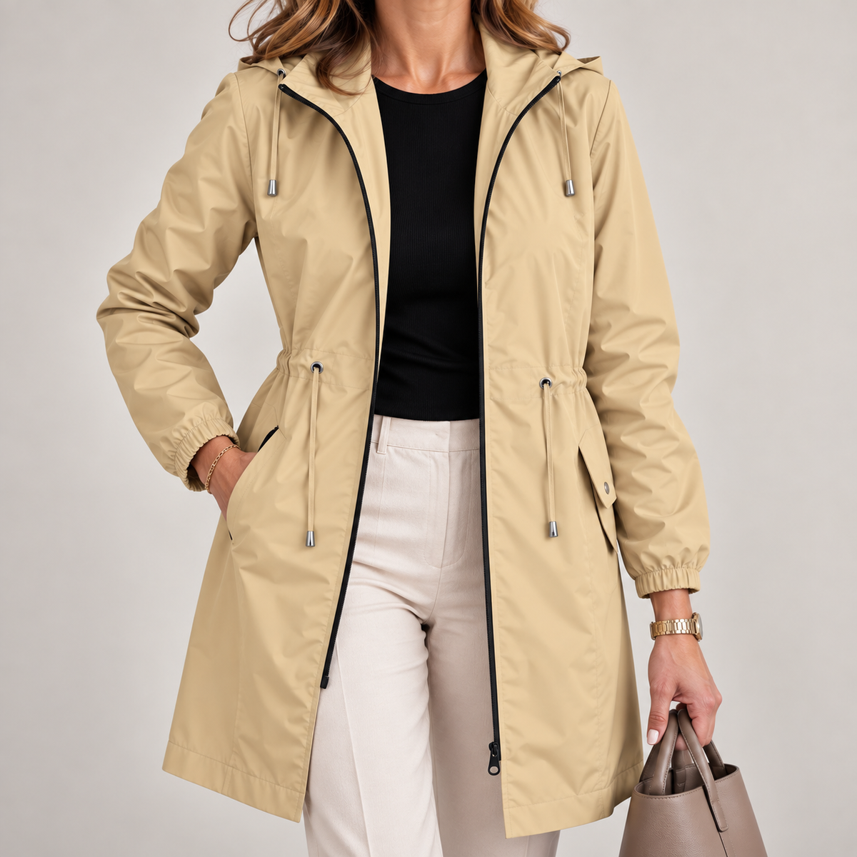 Parka leggera e impermeabile da donna con cappuccio regolabile, per la primavera