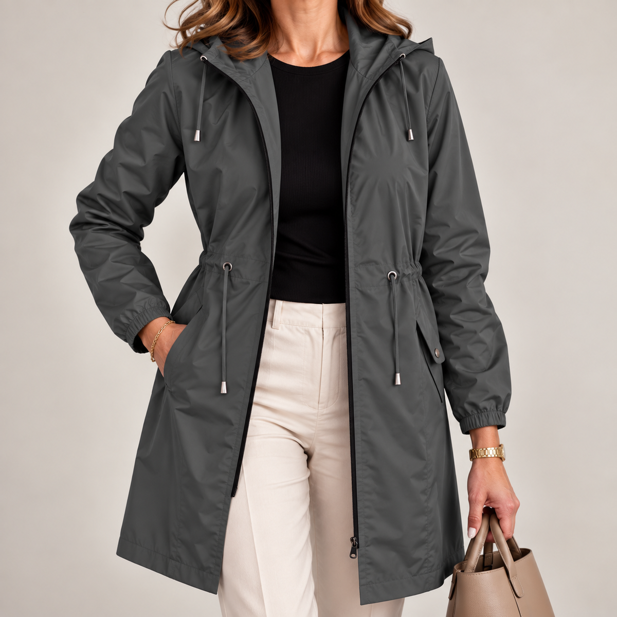 Parka leggera e impermeabile da donna con cappuccio regolabile, per la primavera