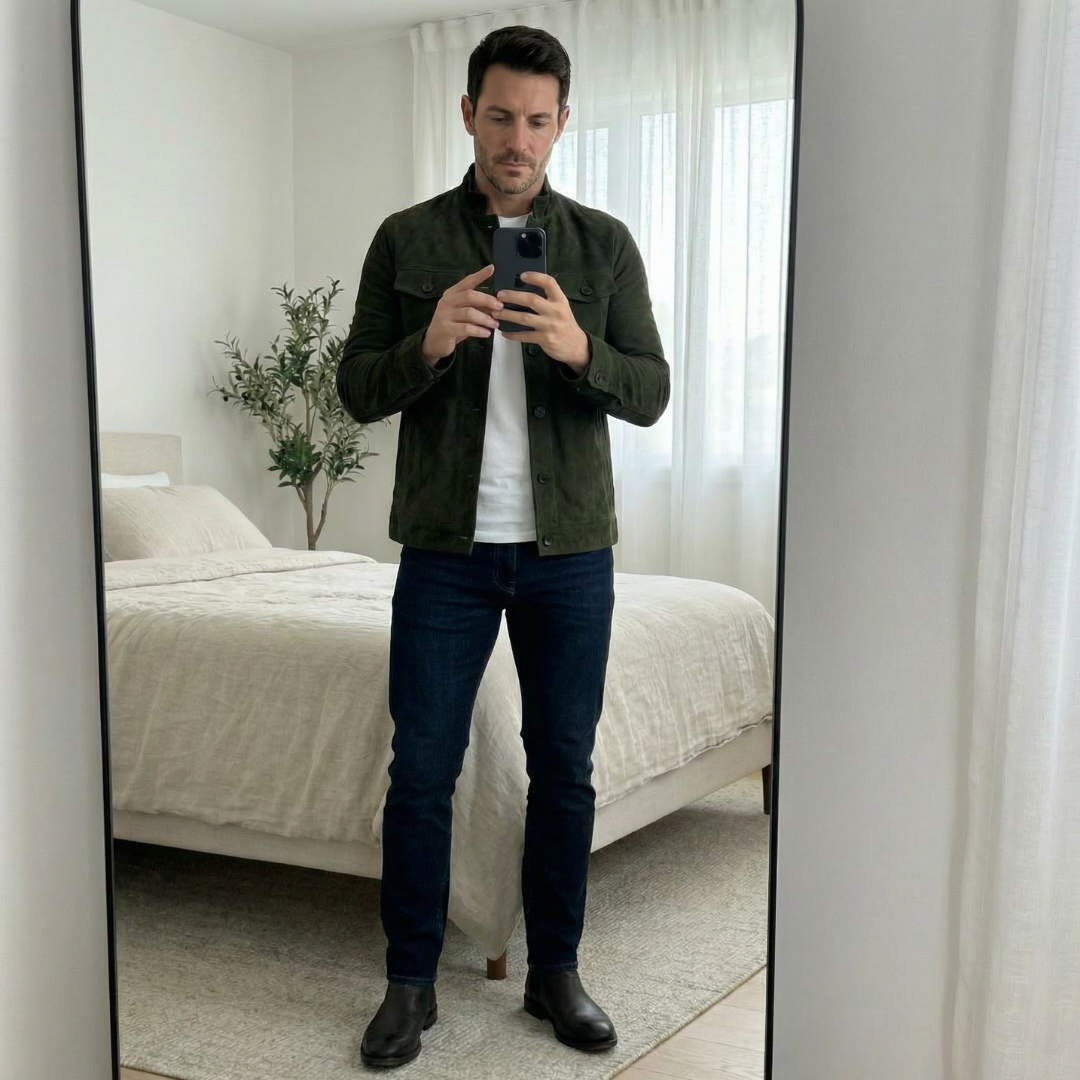 Chaqueta de ante para hombre, con bolsillos y estilo clásico atemporal