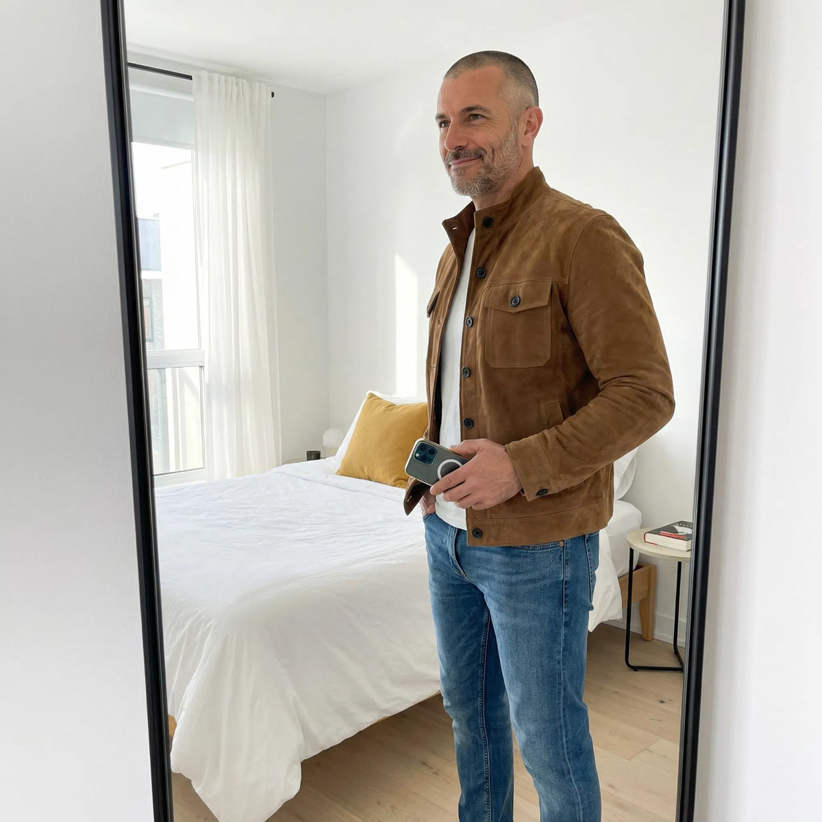 Chaqueta de ante para hombre, con bolsillos y estilo clásico atemporal