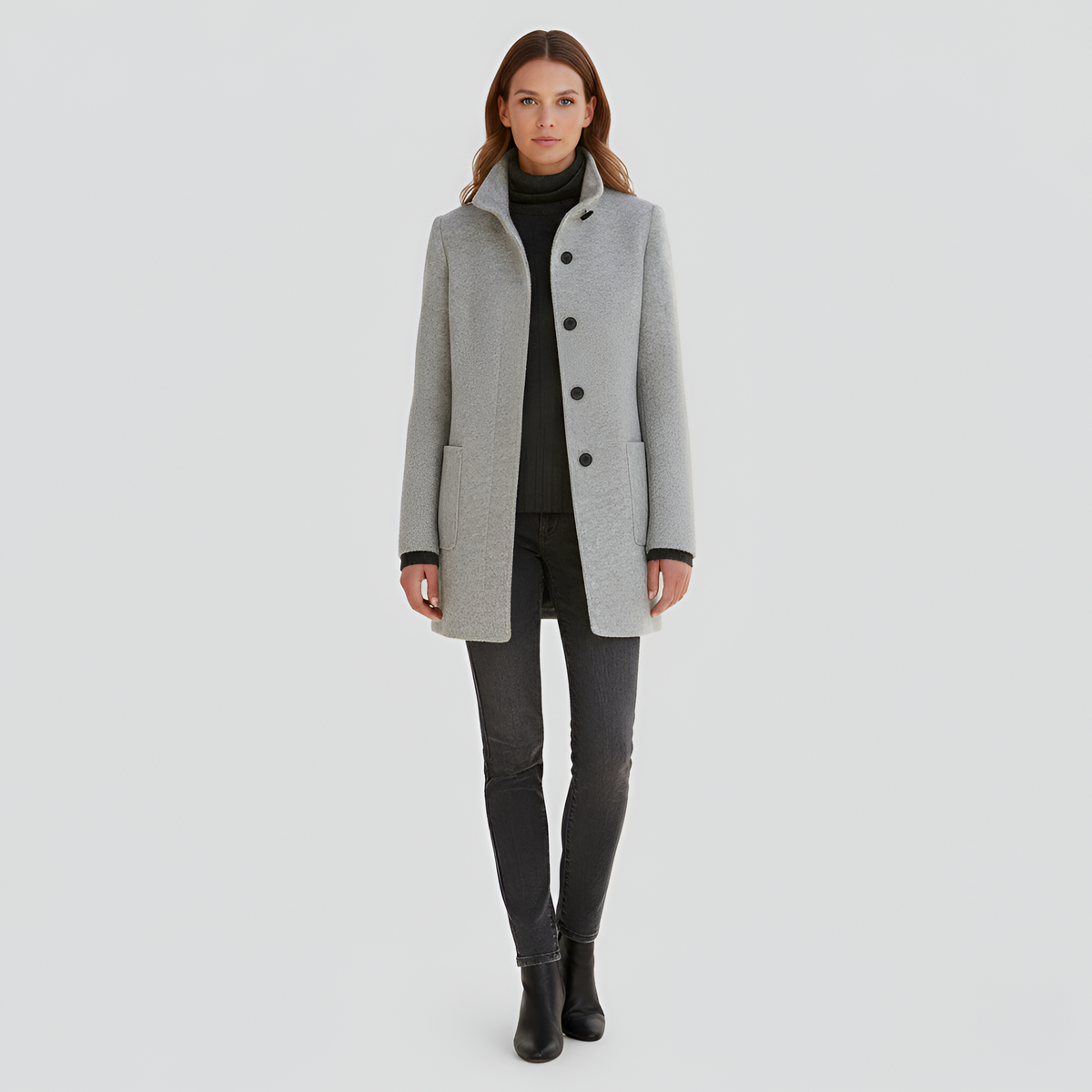 Manteau en Laine Col Montant Fermeture Boutonnée pour Femme