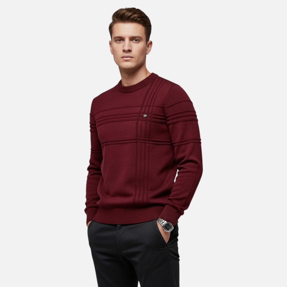 Pull homme rayures coton col rond maille fine décontracté