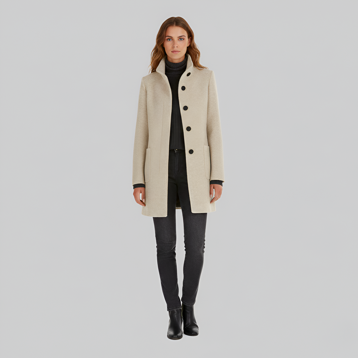 Manteau en Laine Col Montant Fermeture Boutonnée pour Femme