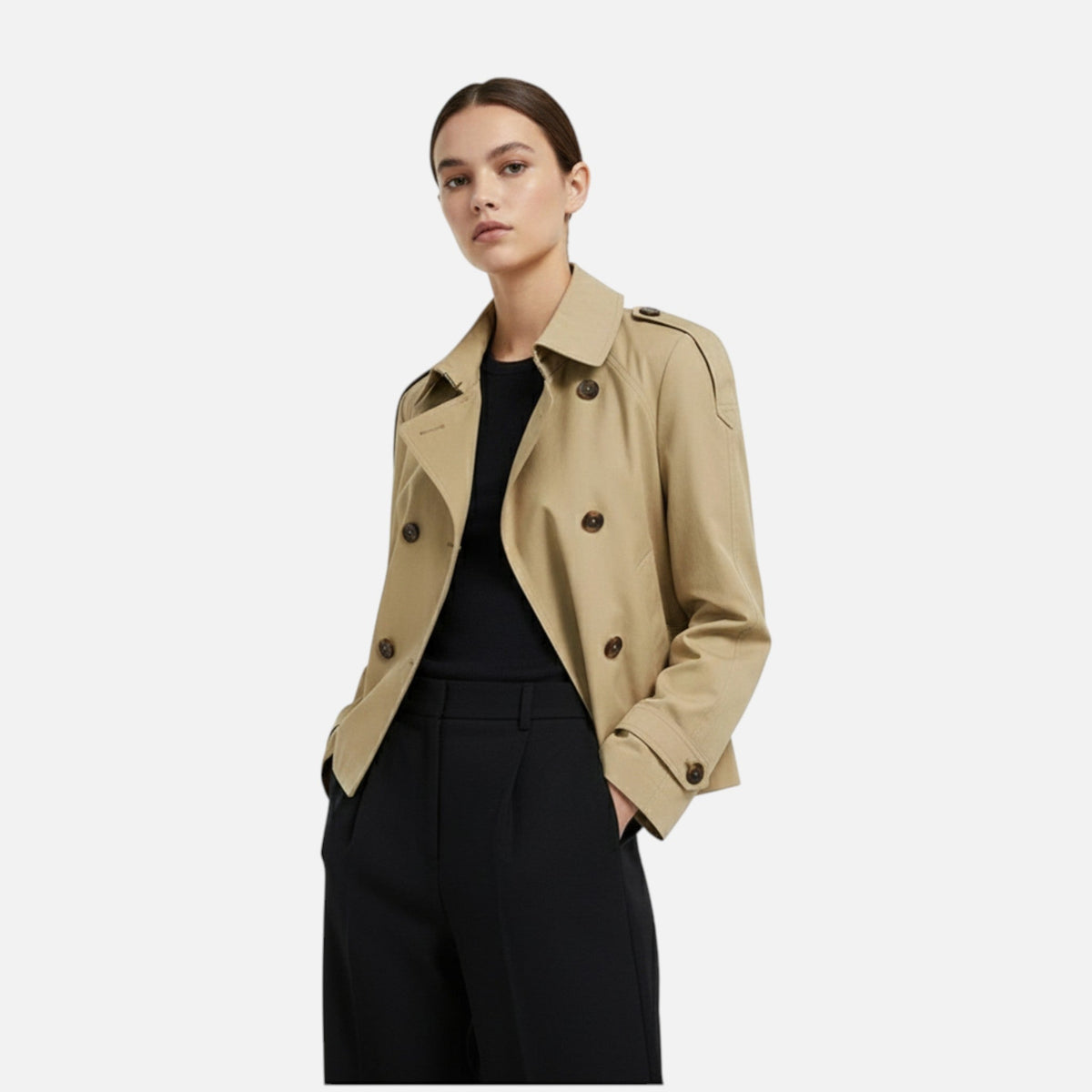 Trench Court en Coton Col Montant Ceinturé pour Femme