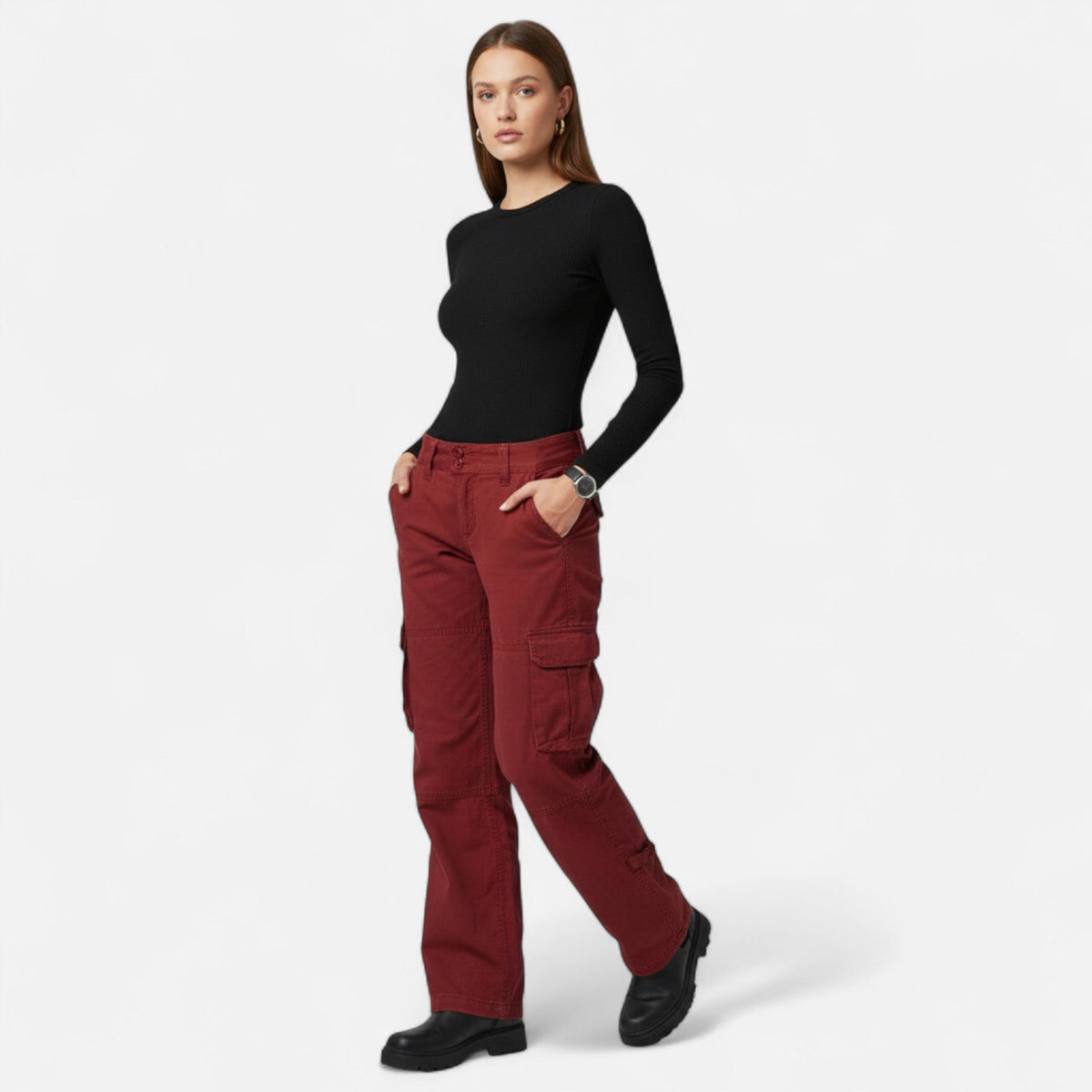 Pantalon cargo femme coton large jambe droite poches