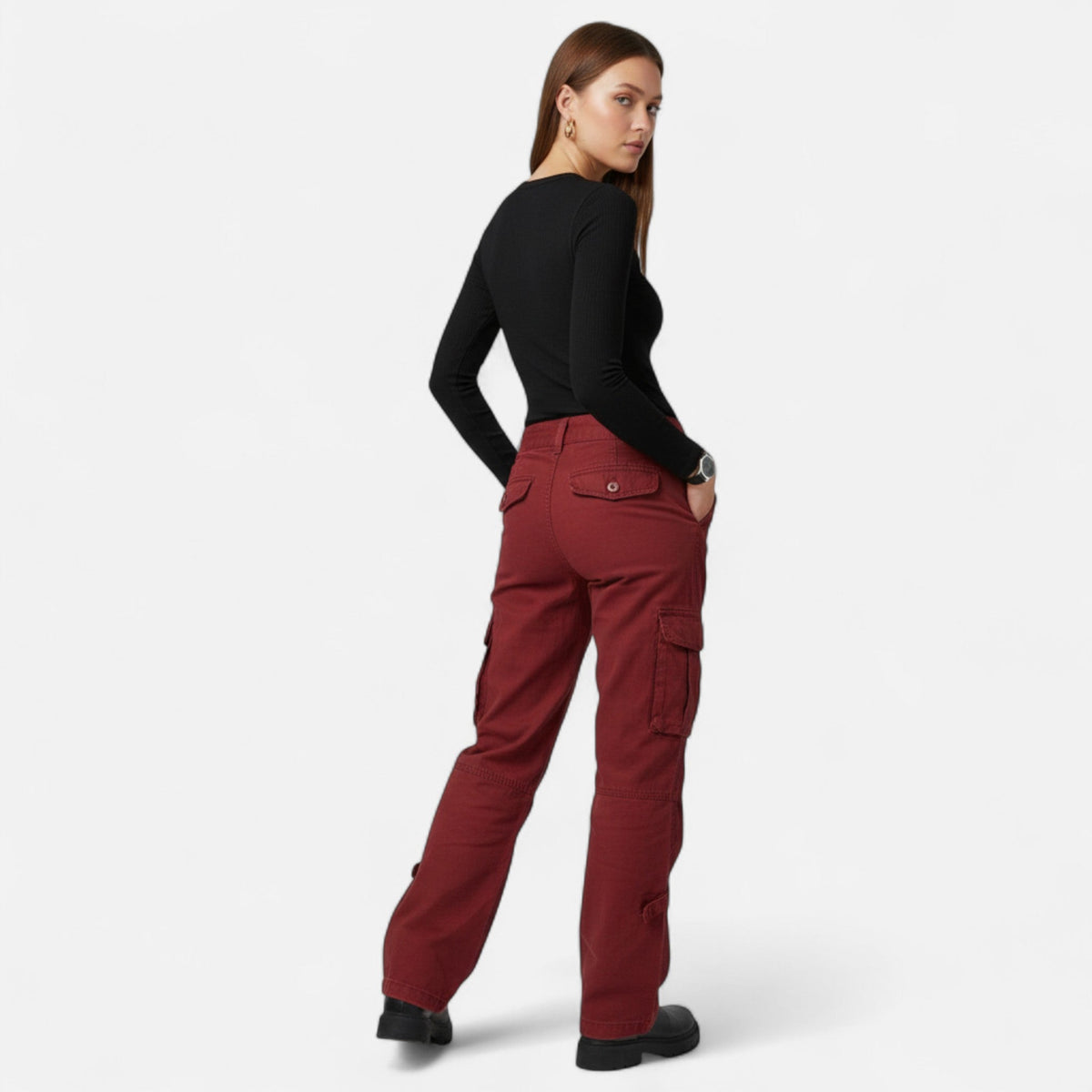 Pantalon cargo femme coton large jambe droite poches