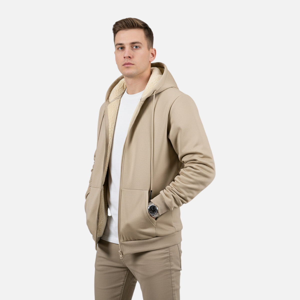 Men’s hooded zip-up jacket with fleece lining, winter comfort