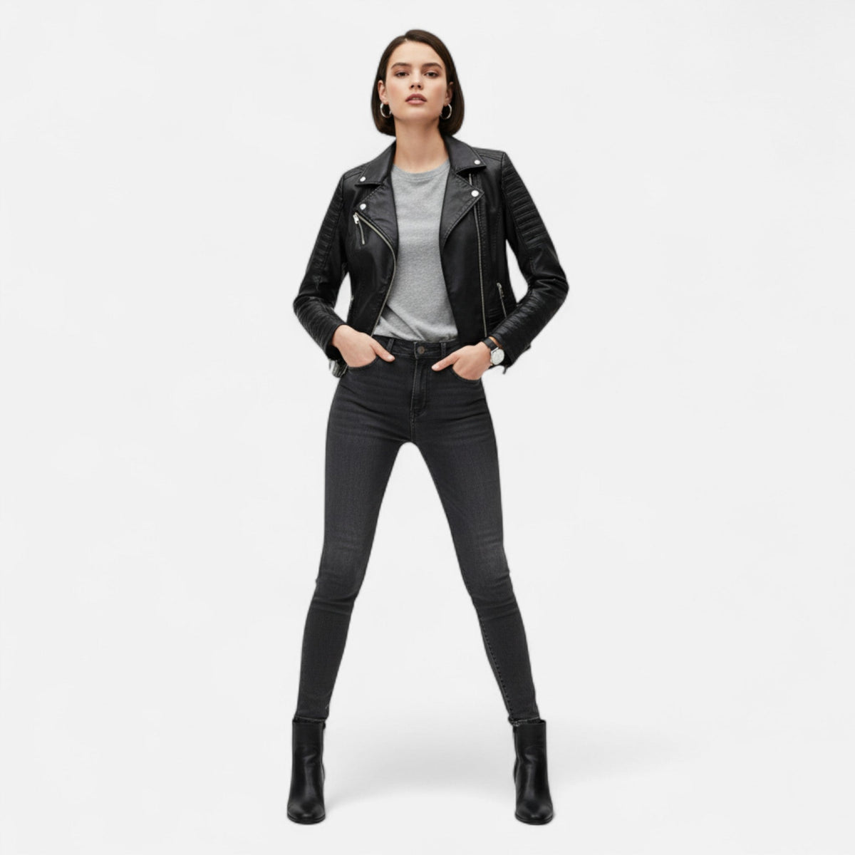 Veste en Cuir Véritable Coupe Biker Structurée pour Femme