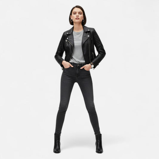 Giacca da donna in vera pelle, modello biker strutturato