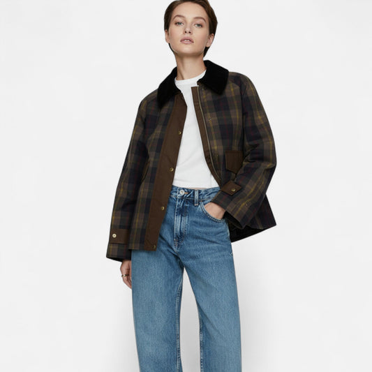 Women's plaid jacket with faux fur collar, elegant winter style