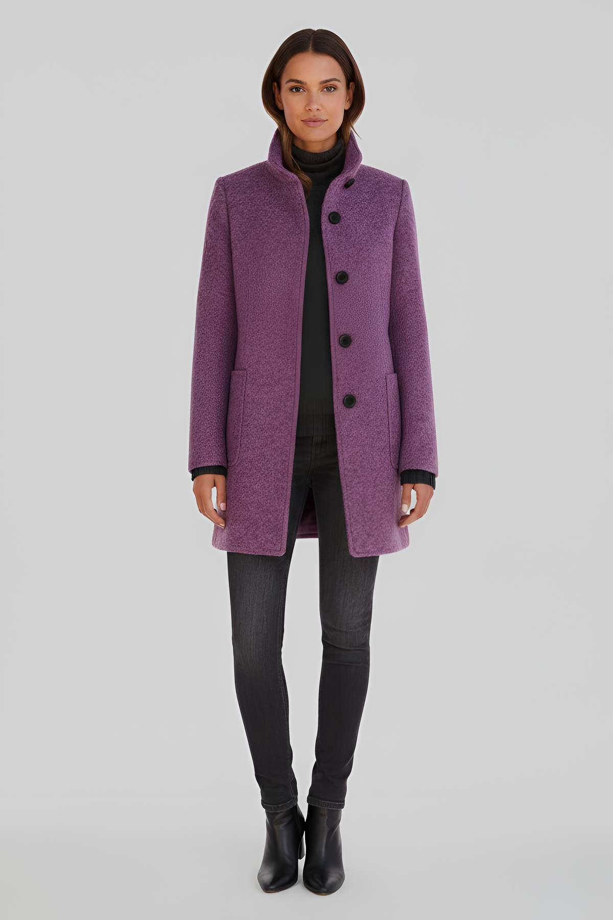 Manteau en Laine Col Montant Fermeture Boutonnée pour Femme