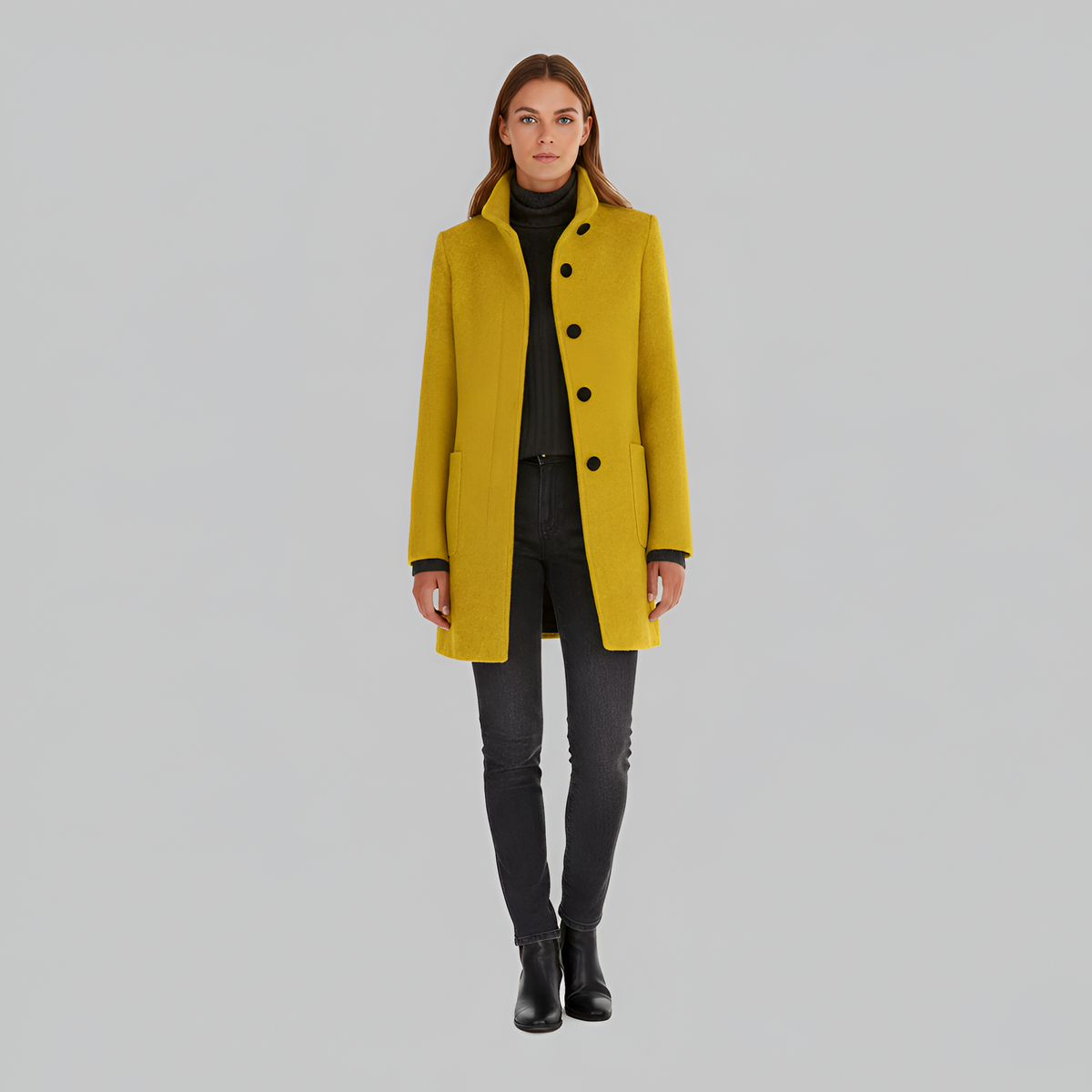 Manteau en Laine Col Montant Fermeture Boutonnée pour Femme