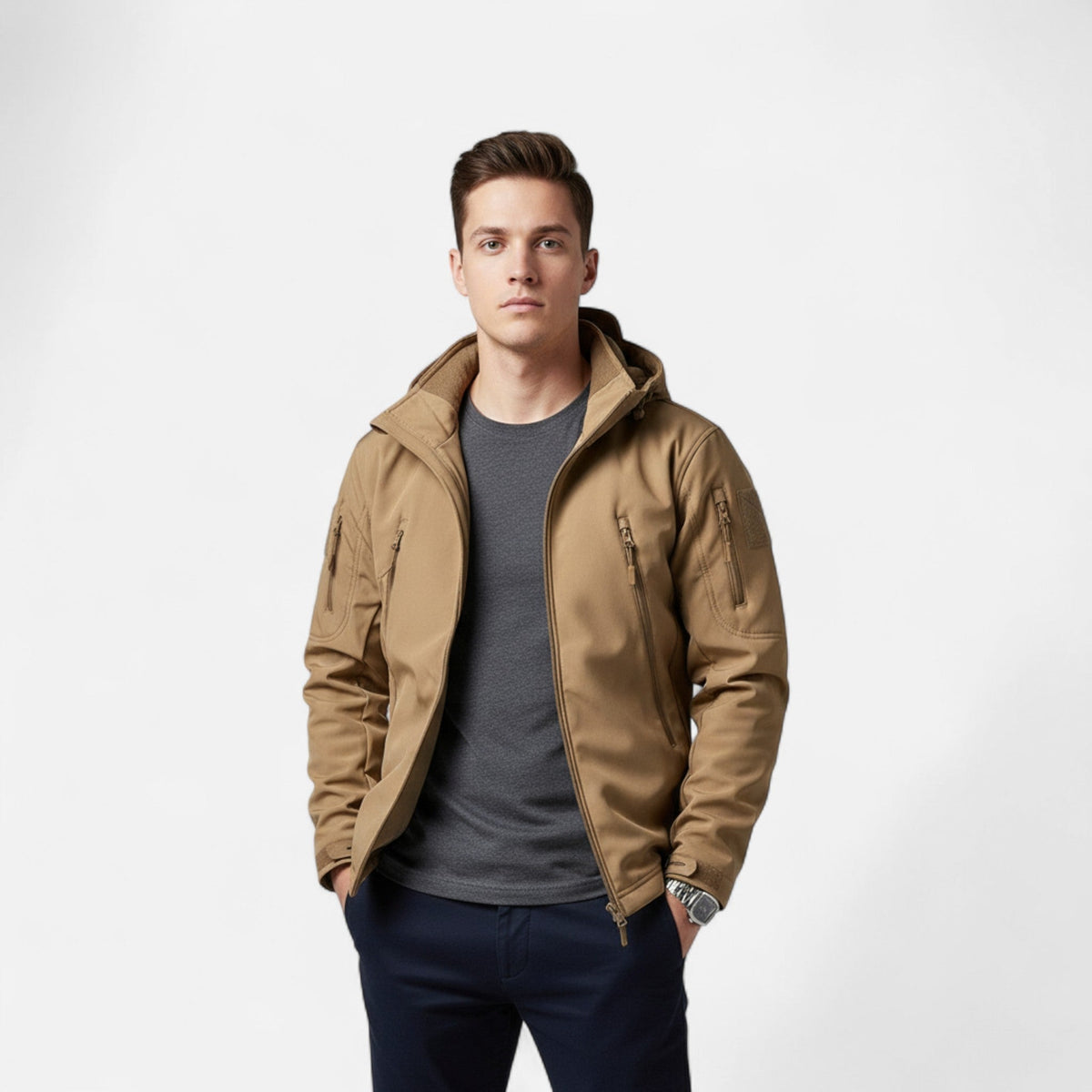 Men’s breathable waterproof softshell jacket with hood for outdoor wear